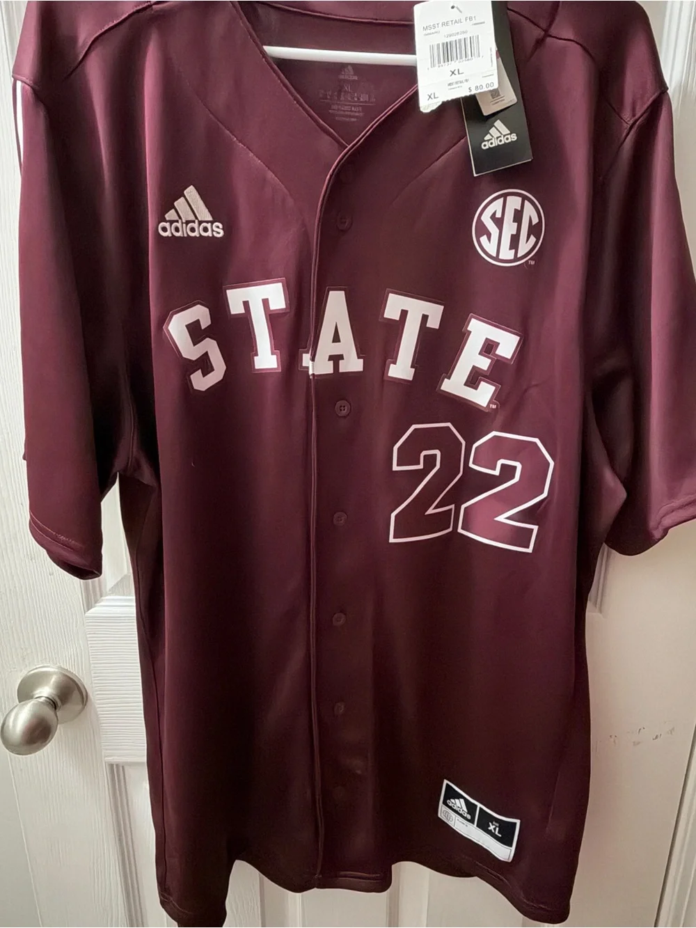 adidas Men’s Maroon Baseball Jersey with STATE and 22